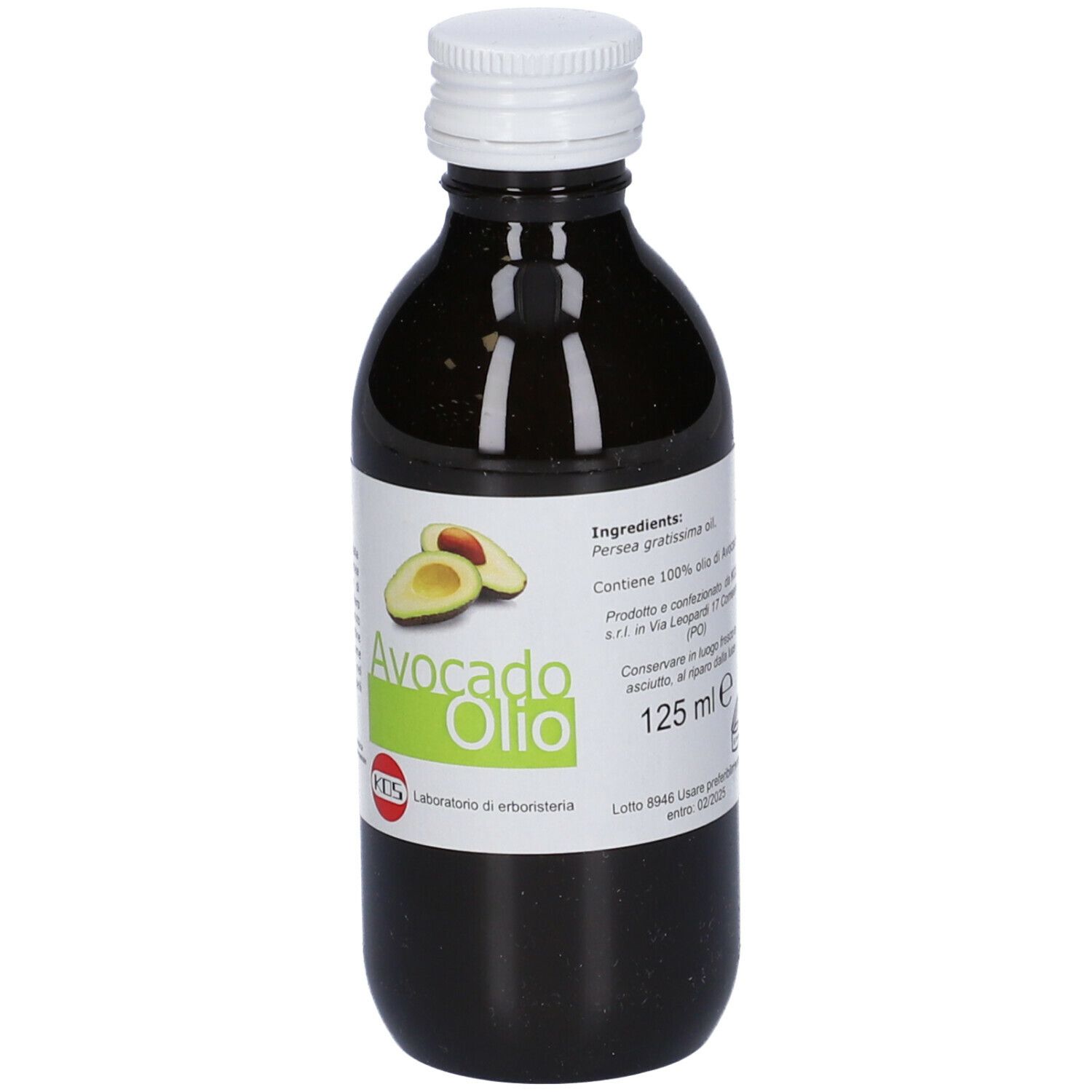 Bottiglia di vetro marrone con tappo bianco. Etichetta con Avocado Olio, 125 ml. Marchio: KOS.