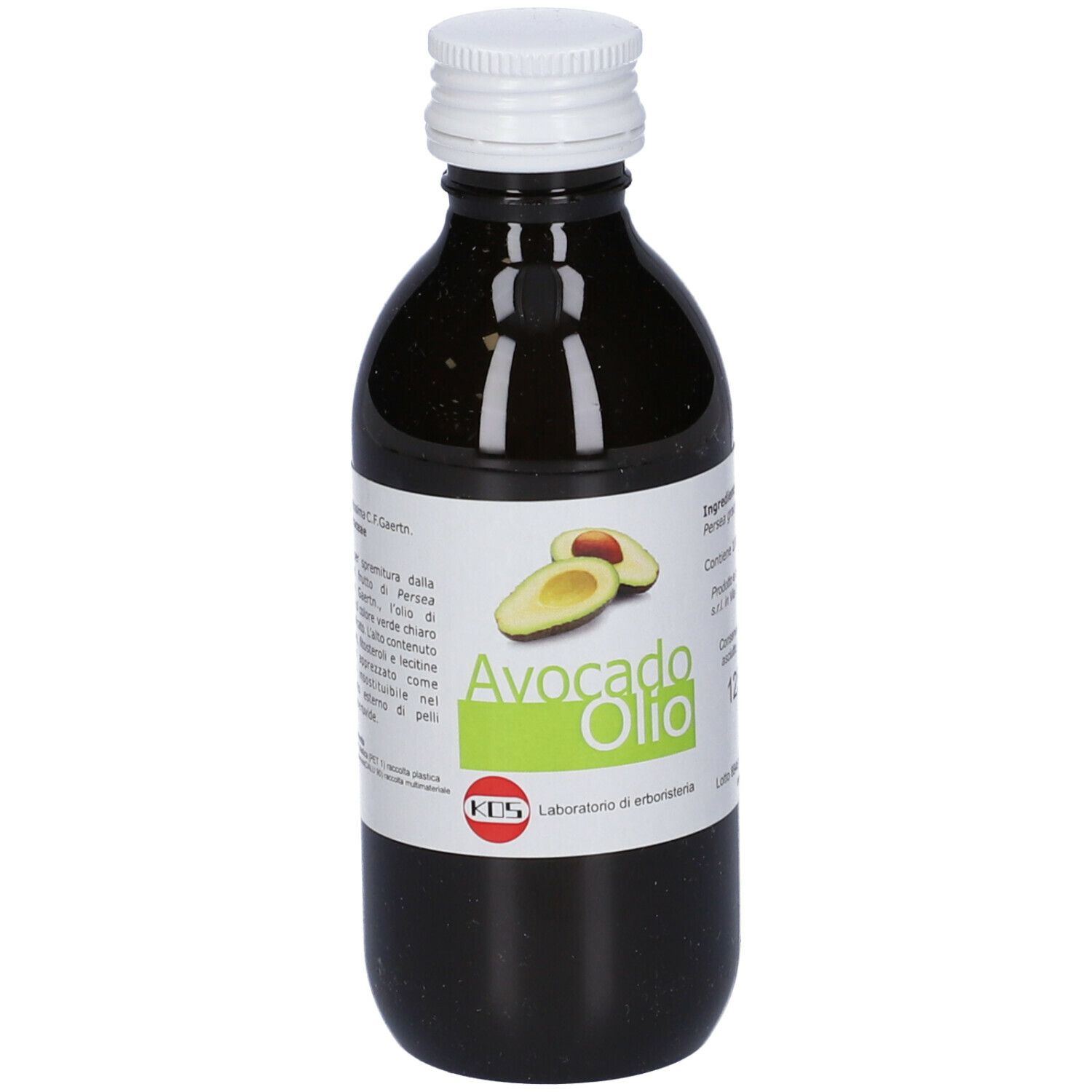 Bottiglia di vetro marrone con tappo bianco. Etichetta con Avocado Olio e testo. Marchio: KOS.