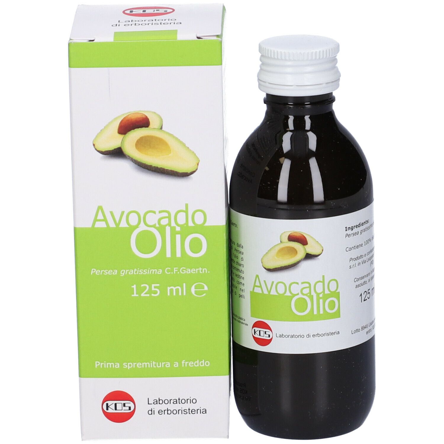 Bottiglia di vetro e confezione. Avocado Olio, 125 ml. Marchio: KOS.
