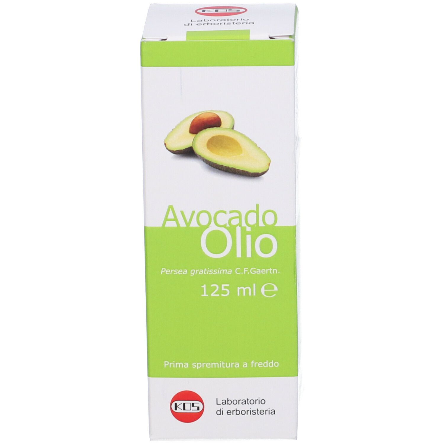 Confezione verde con avocado e testo: Avocado Olio, 125 ml. Marchio: KOS.