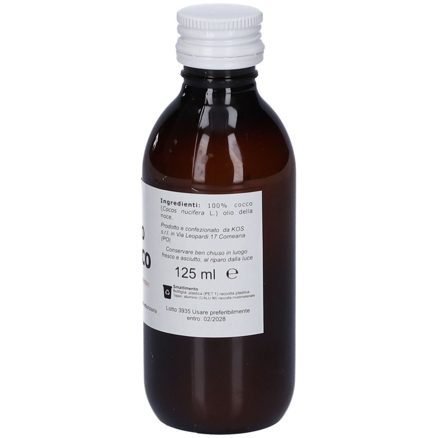 Flacone con etichetta che indica "100% cocco" e "125 ml e".