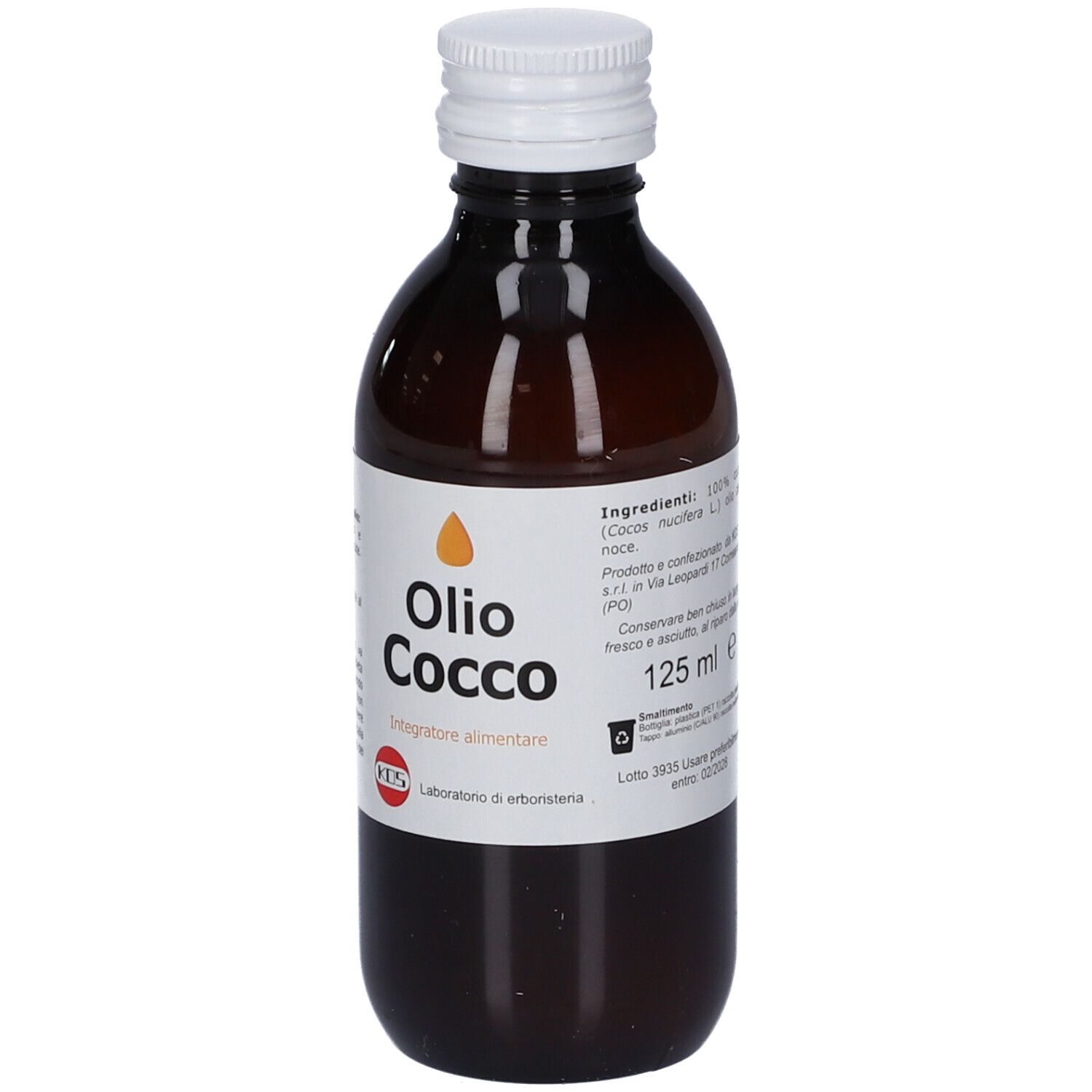 Flacone con etichetta che mostra "Olio Cocco" e "Laboratorio di erboristeria".