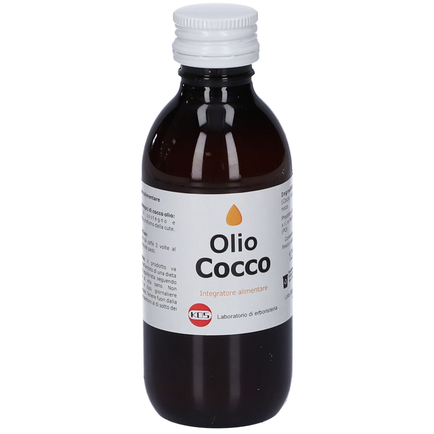Flacone con etichetta che mostra "Olio Cocco" e informazioni sull'uso.