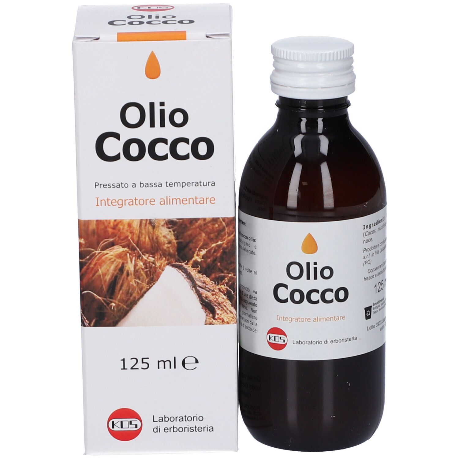 Flacone e scatola di "Olio Cocco", entrambi con immagine di cocco.