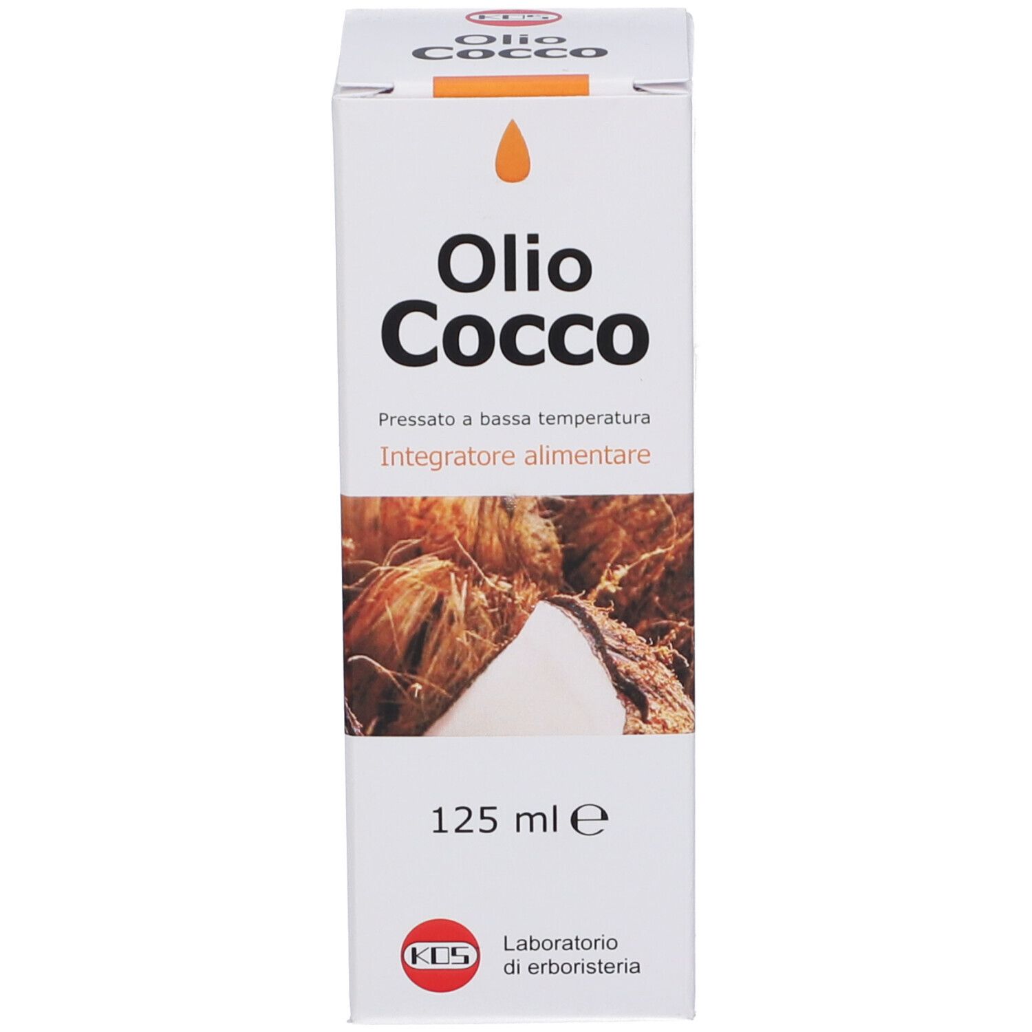 Scatola di "Olio Cocco" con immagine di cocco e "125 ml e".