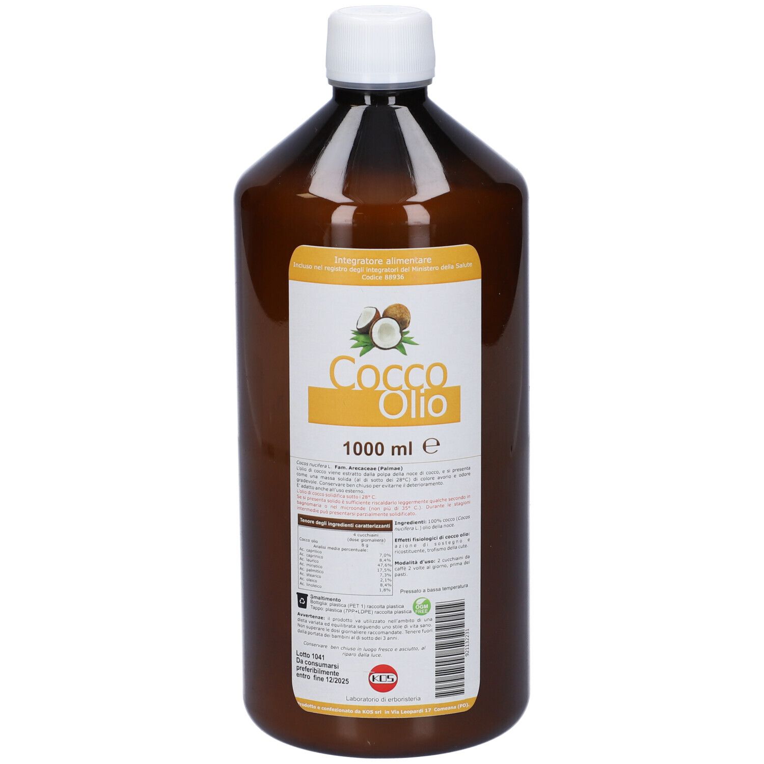 Bottiglia marrone con tappo bianco. Etichetta con nome prodotto: Cocco Olio, 1000 ml. Logo e testo.