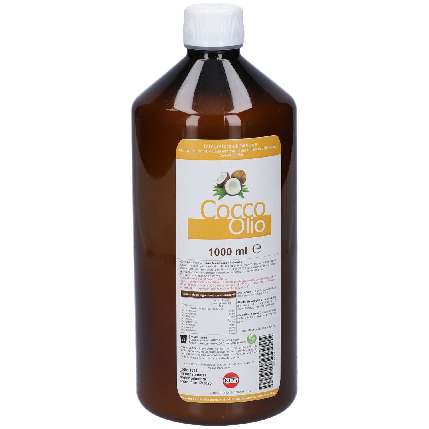 Bottiglia marrone con tappo bianco. Etichetta con nome prodotto: Cocco Olio, 1000 ml. Logo e testo.