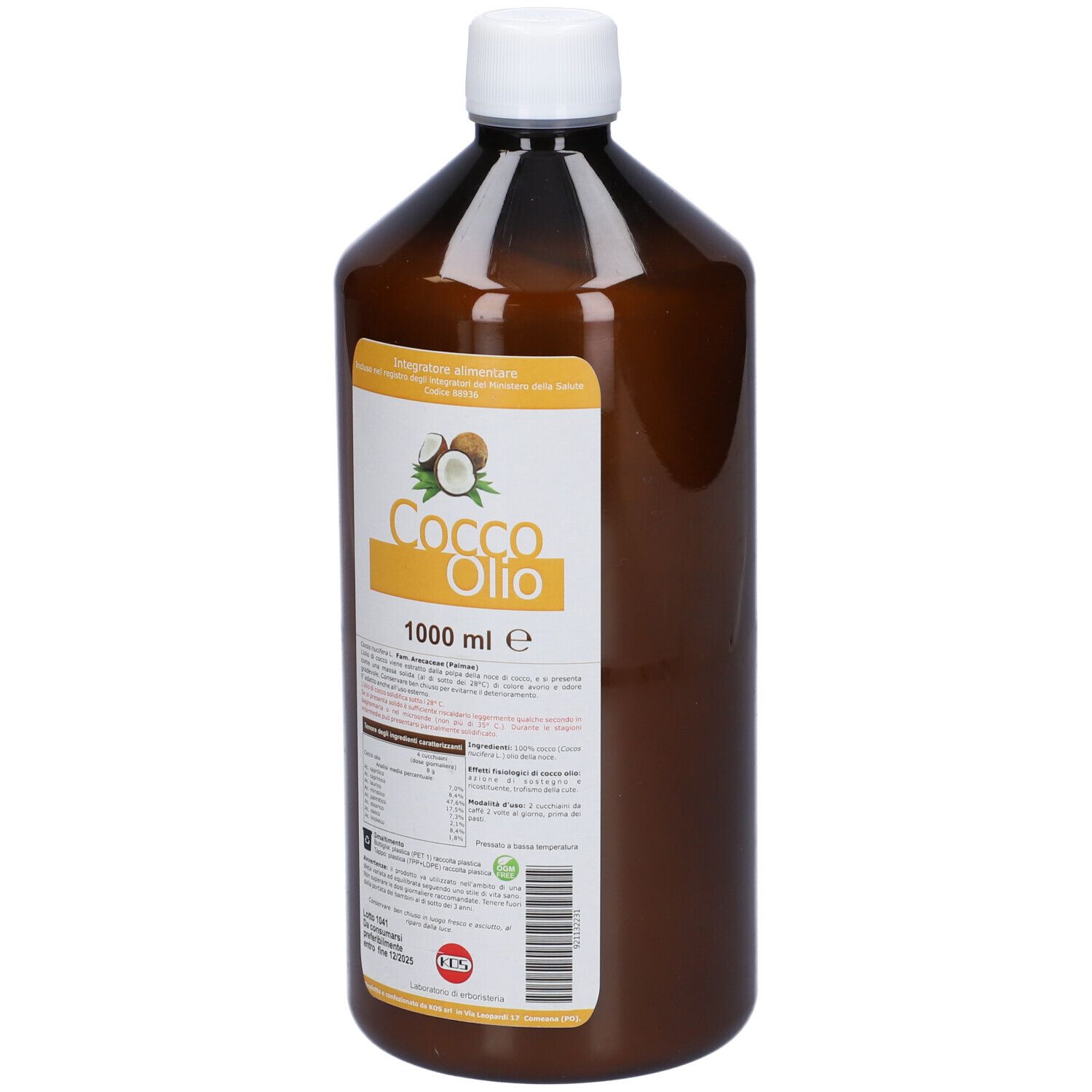 Bottiglia marrone con tappo bianco. Etichetta con nome prodotto: Cocco Olio, 1000 ml. Logo e testo.
