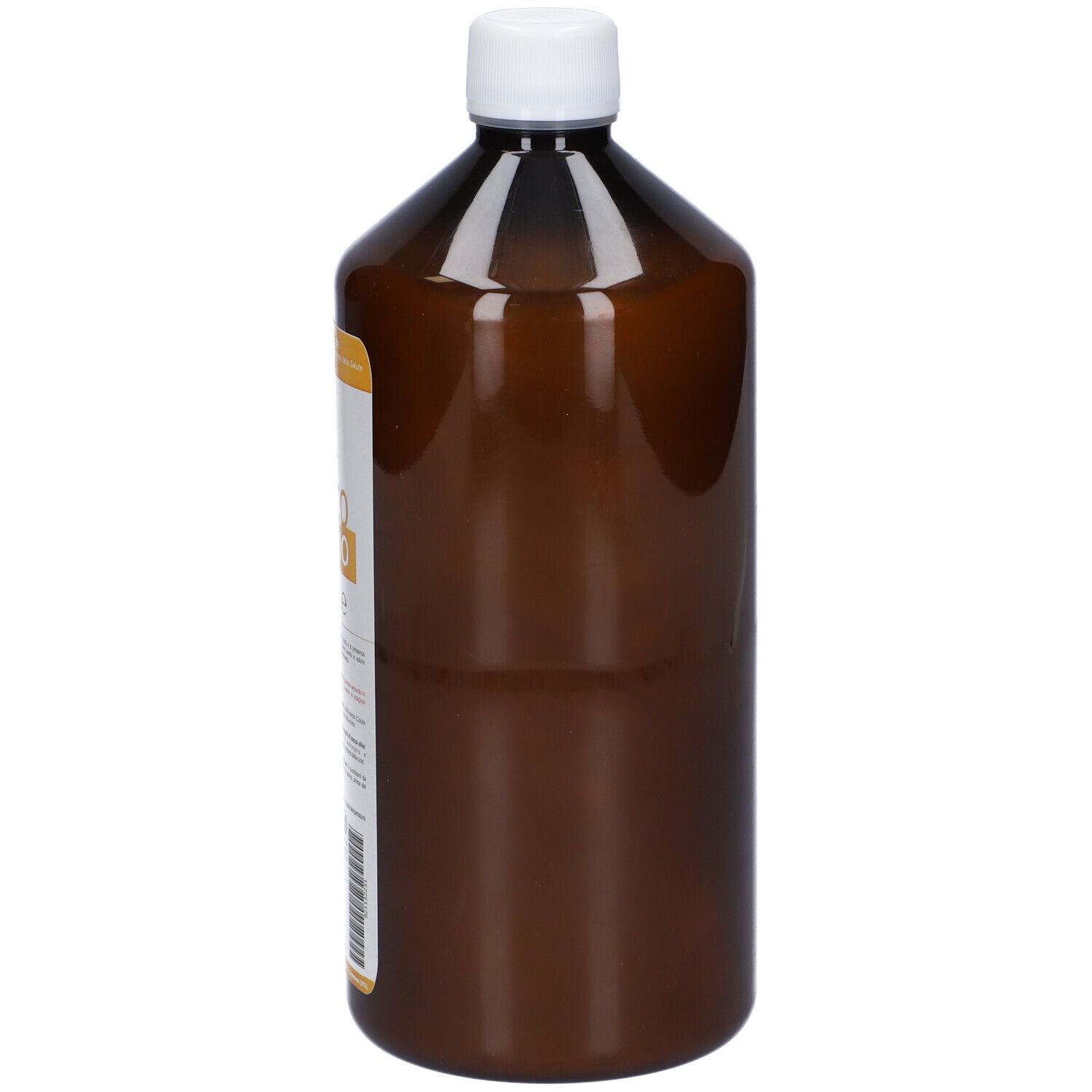 Bottiglia marrone con tappo bianco. Nessuna etichetta visibile.