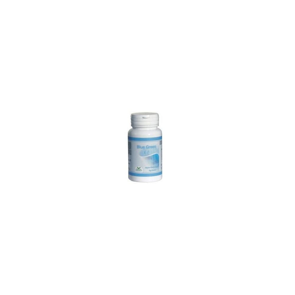 Flacone bianco con etichetta blu e bianca. Scritta "Blue Green Alfa".