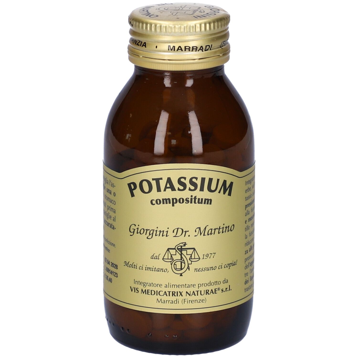 Bottiglia di vetro marrone con tappo dorato. Scritta: Potassium Compositum, Giorgini Dr. Martino. Etichetta con testo.