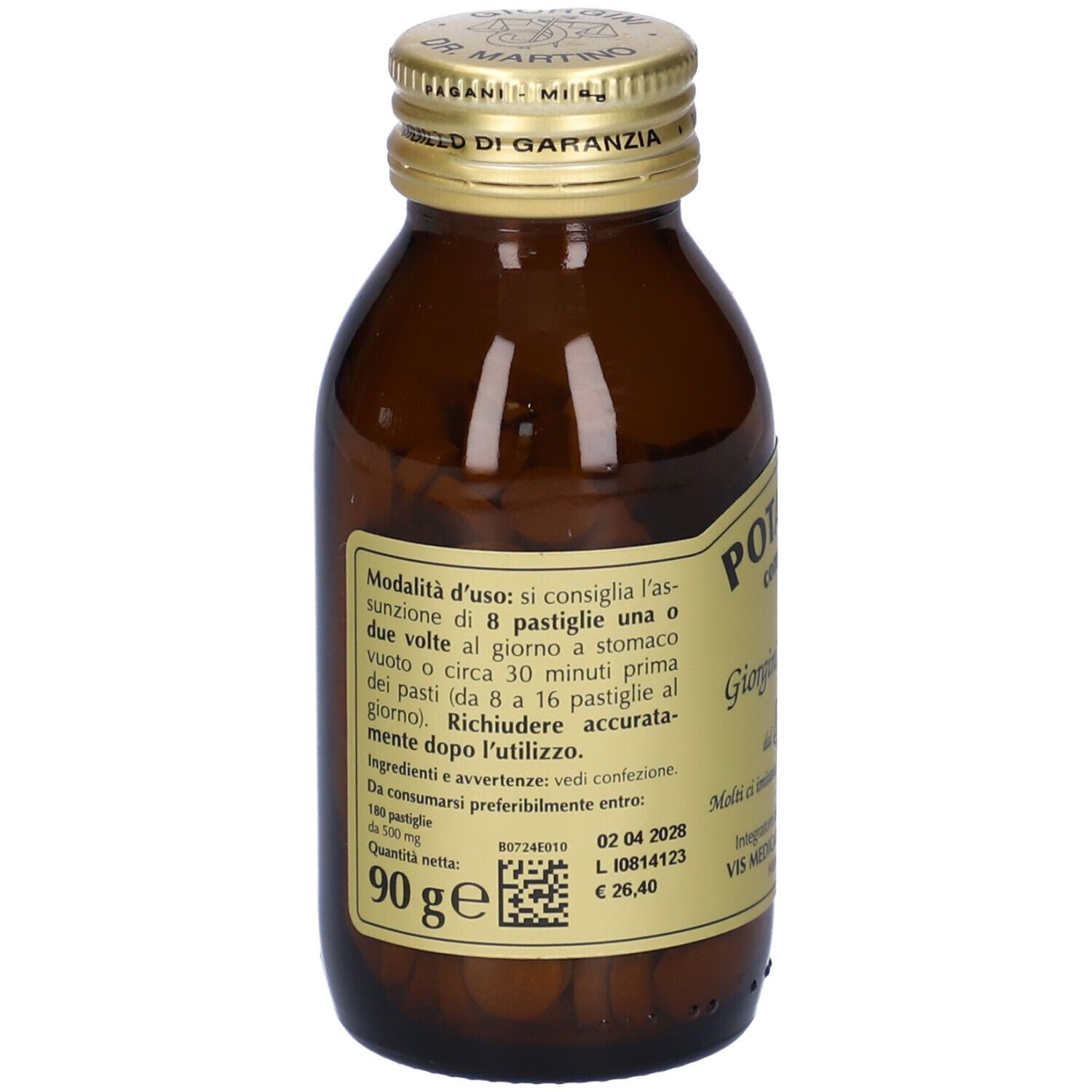 Bottiglia di vetro marrone con tappo dorato. Scritta: Potassium Compositum, Giorgini Dr. Martino. Etichetta con testo.