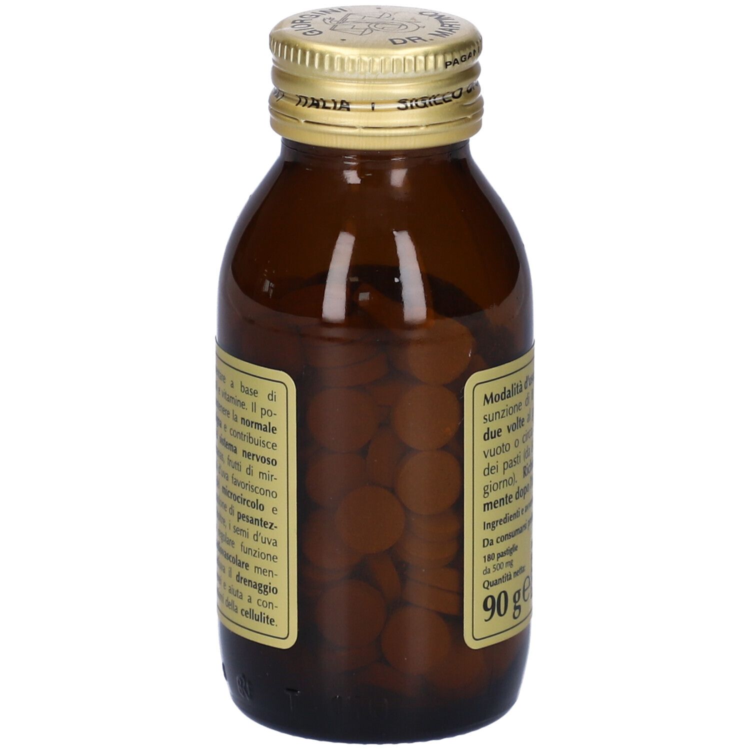 Bottiglia di vetro marrone con tappo dorato. Scritta: Potassium Compositum, Giorgini Dr. Martino. Etichetta con testo.