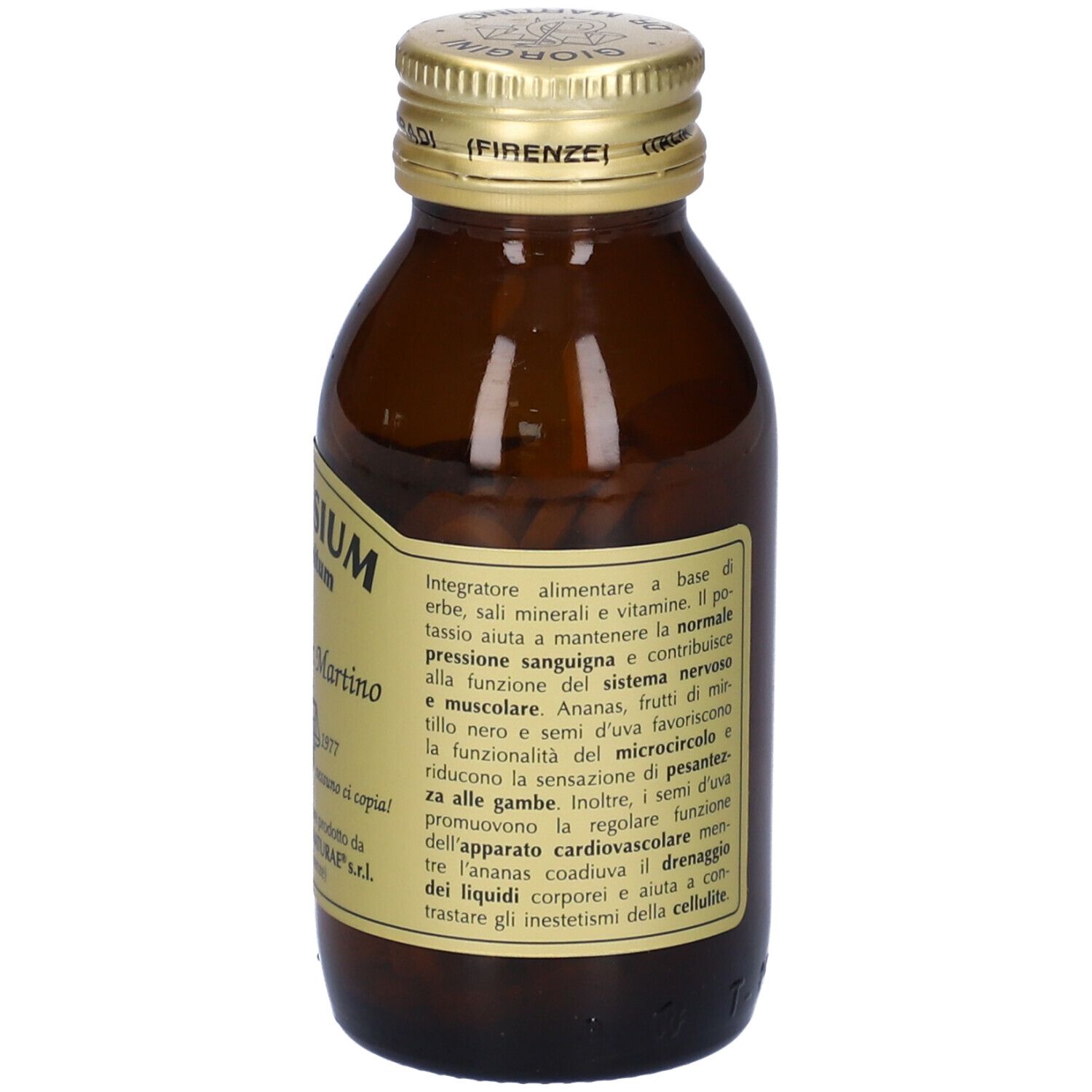 Bottiglia di vetro marrone con tappo dorato. Scritta: Potassium Compositum, Giorgini Dr. Martino. Etichetta con testo.