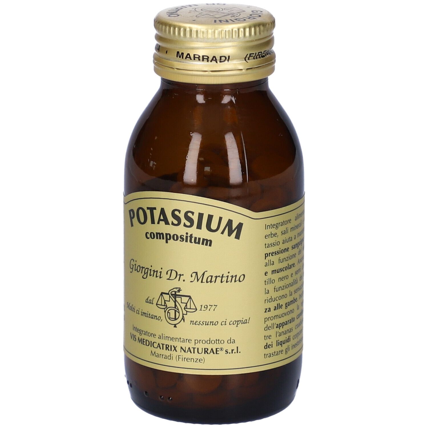 Bottiglia di vetro marrone con tappo dorato. Scritta: Potassium Compositum, Giorgini Dr. Martino. Etichetta con testo.