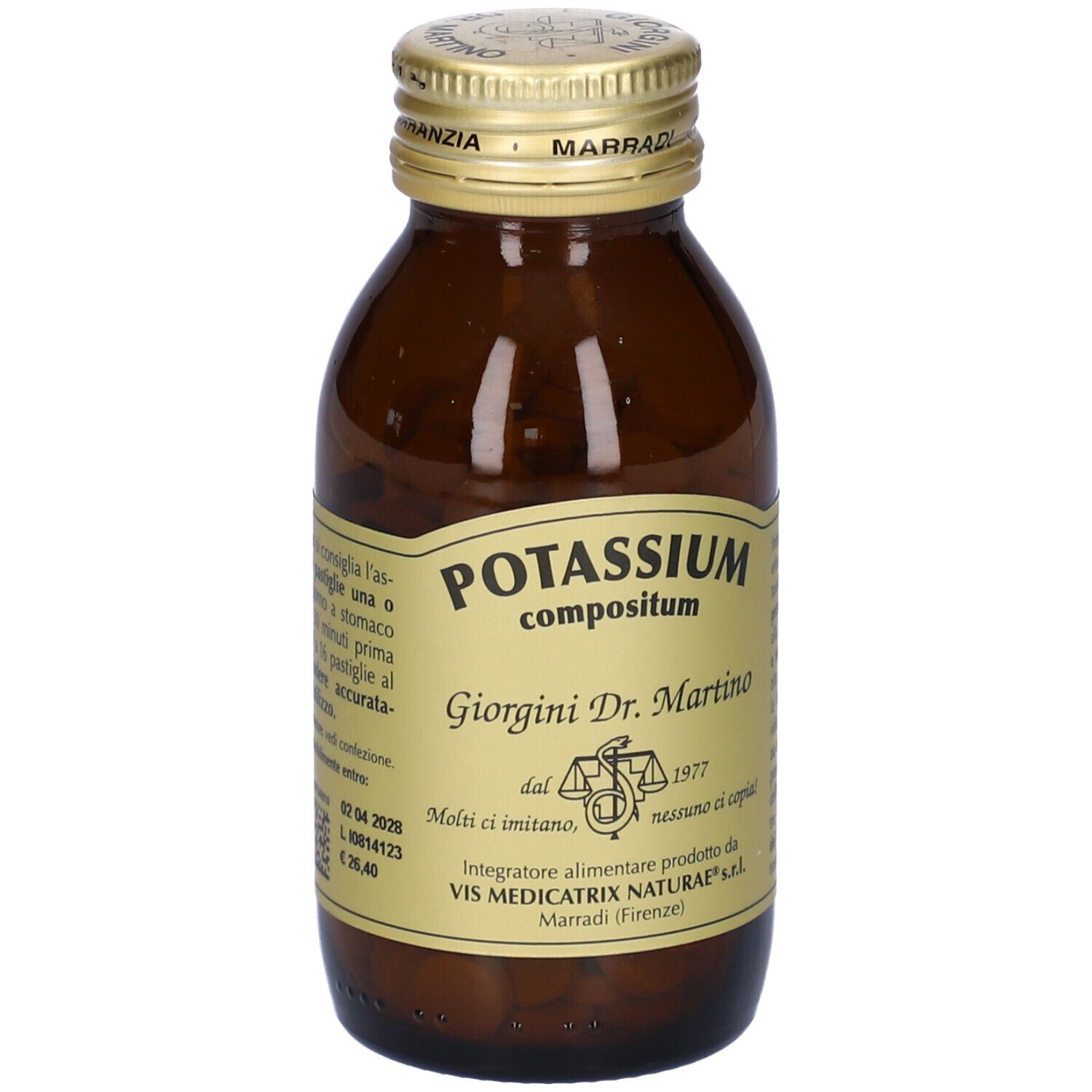 Bottiglia di vetro marrone con tappo dorato. Scritta: Potassium Compositum, Giorgini Dr. Martino. Etichetta con testo.