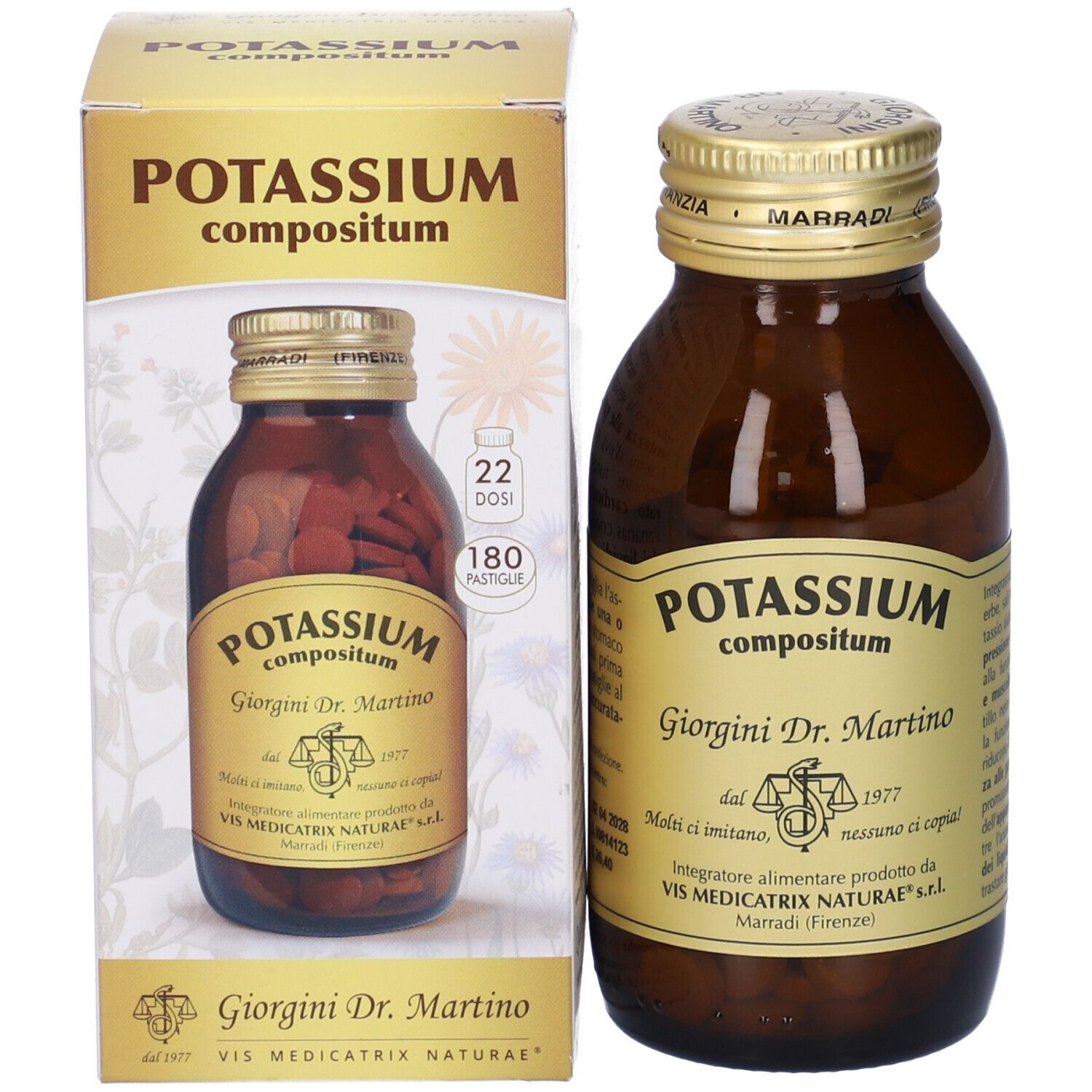 Bottiglia di vetro marrone e scatola con stampa del prodotto. Scritta: Potassium Compositum, Giorgini Dr. Martino. 180 Pastiglie.