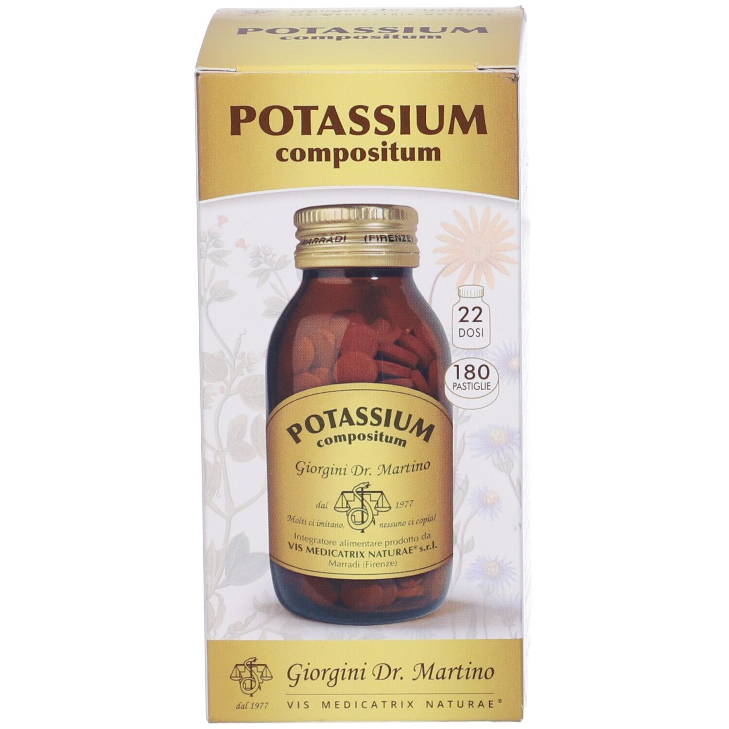 Scatola con stampa del prodotto. Scritta: Potassium Compositum, Giorgini Dr. Martino. 180 Pastiglie. Bottiglia visibile.