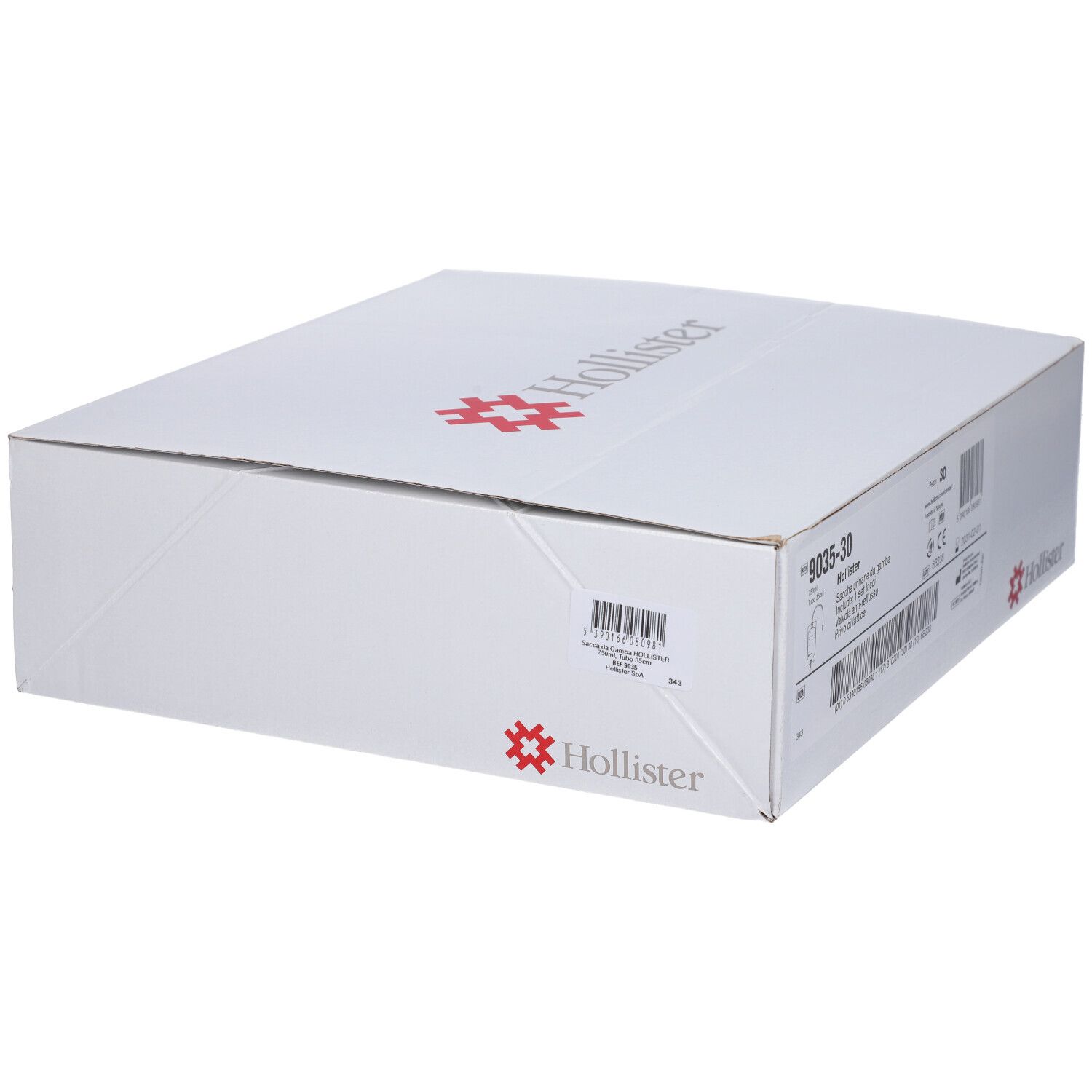 Scatola di cartone bianca Hollister. Scritte e informazioni prodotto sul lato. Vista angolata.