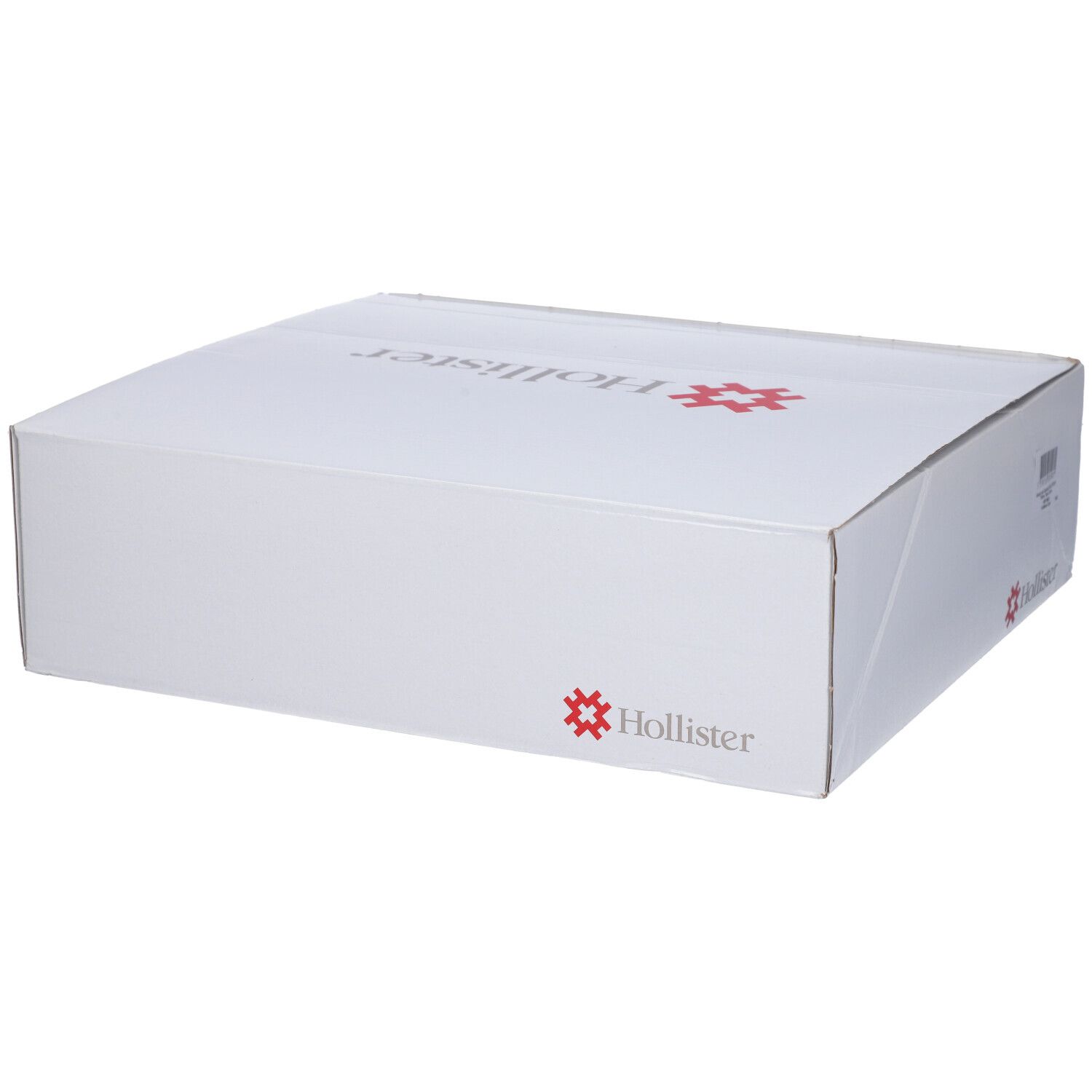 Scatola di cartone bianca Hollister. Vista angolata. Informazioni prodotto sul lato.