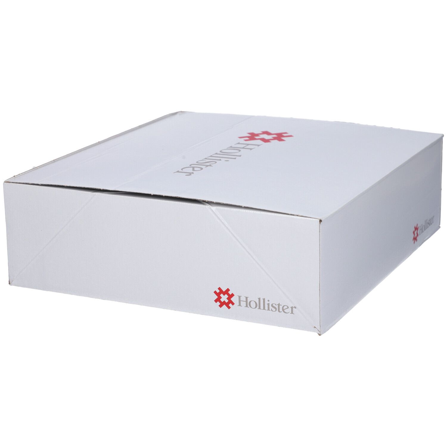 Scatola di cartone bianca Hollister. Vista angolata. Informazioni prodotto sul lato.