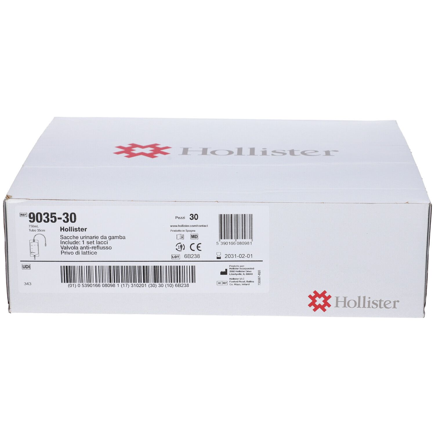 Scatola di cartone bianca Hollister. Scritte: 30 pezzi, codice a barre, marchio CE. Informazioni prodotto sul lato.
