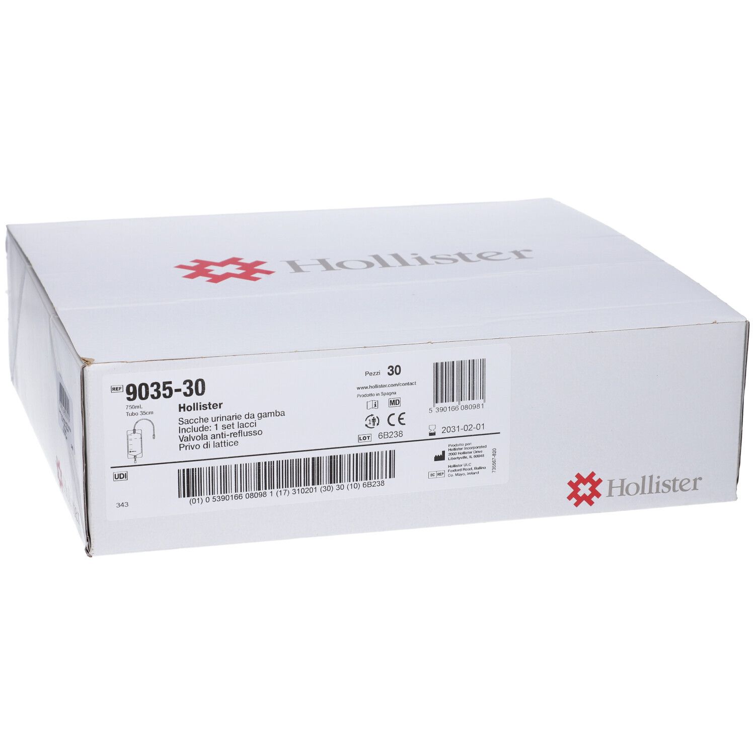 Scatola di cartone bianca Hollister. Scritte: 30 pezzi, codice a barre, marchio CE. Informazioni prodotto sul lato.
