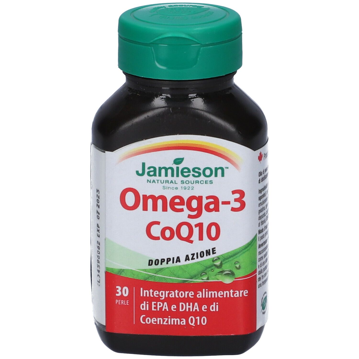 Flacone marrone con tappo verde. Scritta: Omega-3 CoQ10, 30 perle. Marchio: Jamieson.