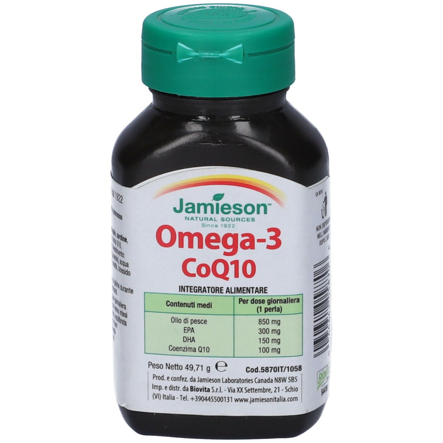 Flacone marrone con tappo verde. Scritta: Omega-3 CoQ10. Informazioni nutrizionali. Marchio: Jamieson.