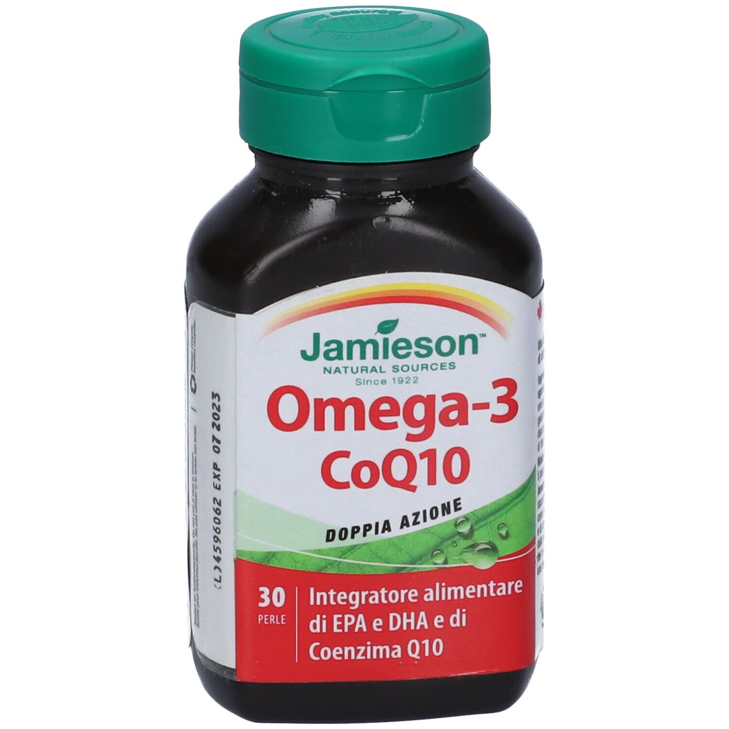 Flacone marrone con tappo verde. Scritta: Omega-3 CoQ10, 30 perle. Marchio: Jamieson.