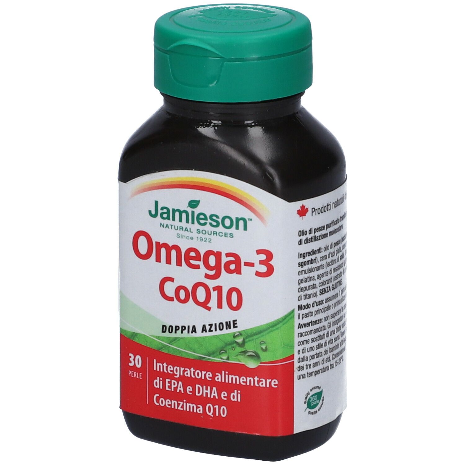 Flacone marrone con tappo verde. Scritta: Omega-3 CoQ10, 30 perle. Marchio: Jamieson.