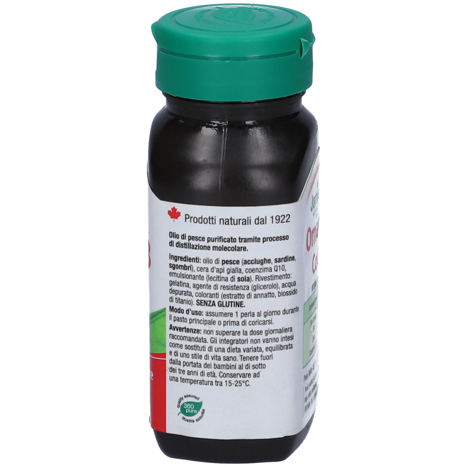 Retro di un flacone marrone con tappo verde. Testo, ingredienti, avvertenze. Marchio: Jamieson.