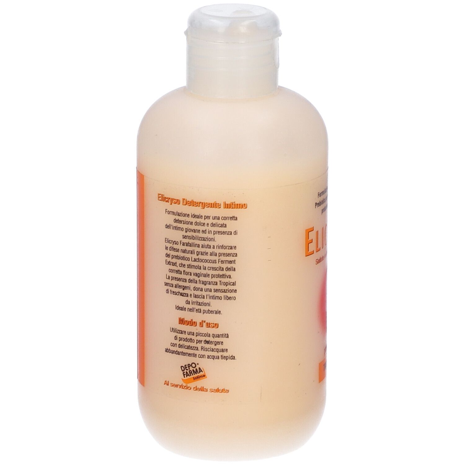 Flacone beige con tappo bianco. Scritta: Elicryso Detergente Intimo. Striscia arancione.
