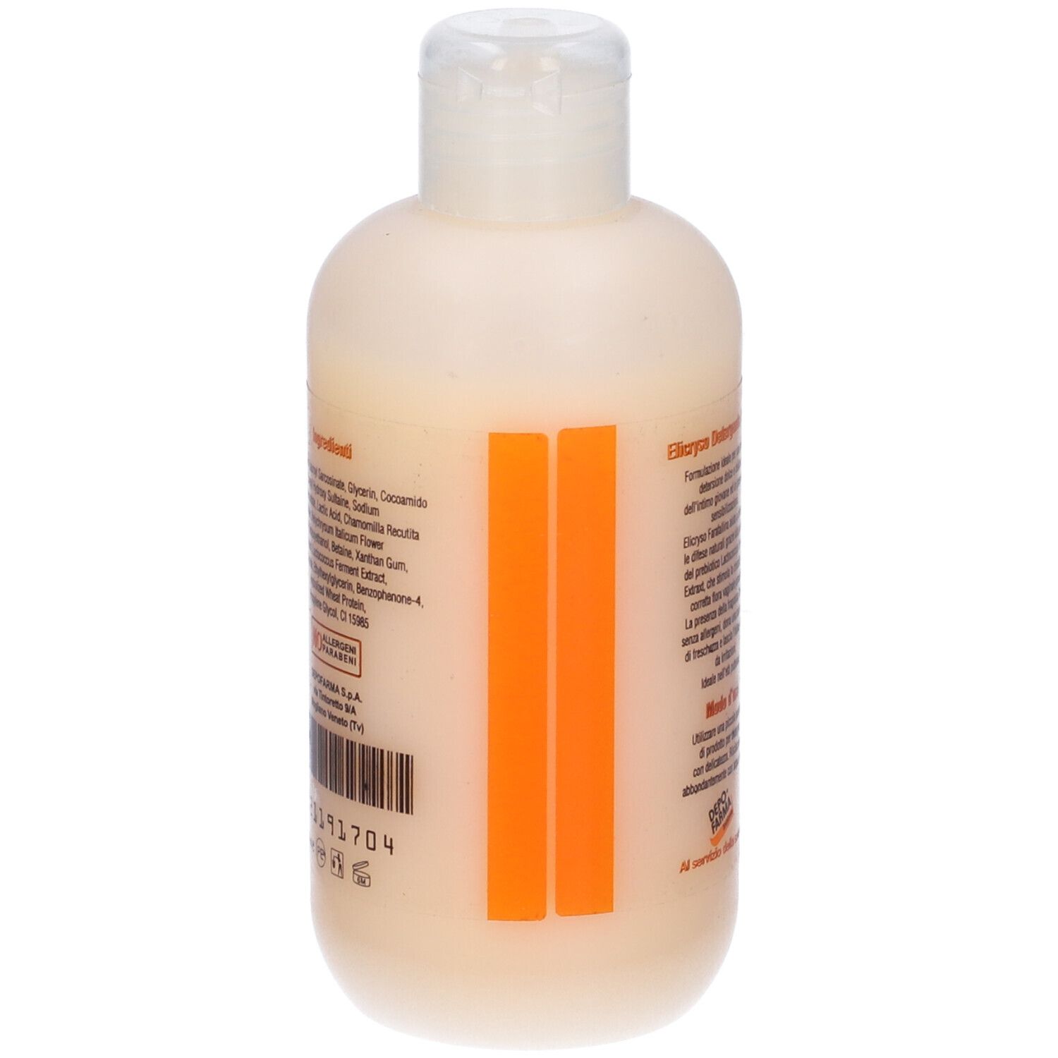 Flacone beige con tappo bianco. Scritta: Ingredienti. Due strisce arancioni.