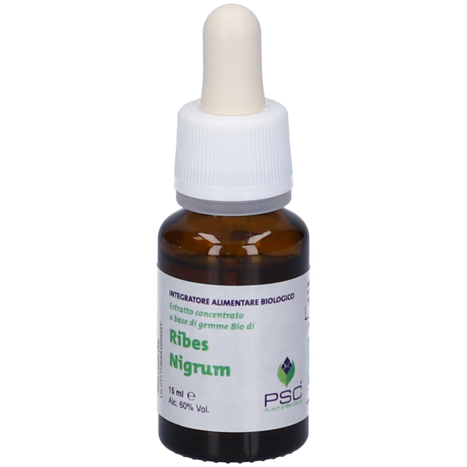 Flacone di vetro marrone con contagocce. Scritta: Ribes Nigrum. 15 ml. Alcool 60%.