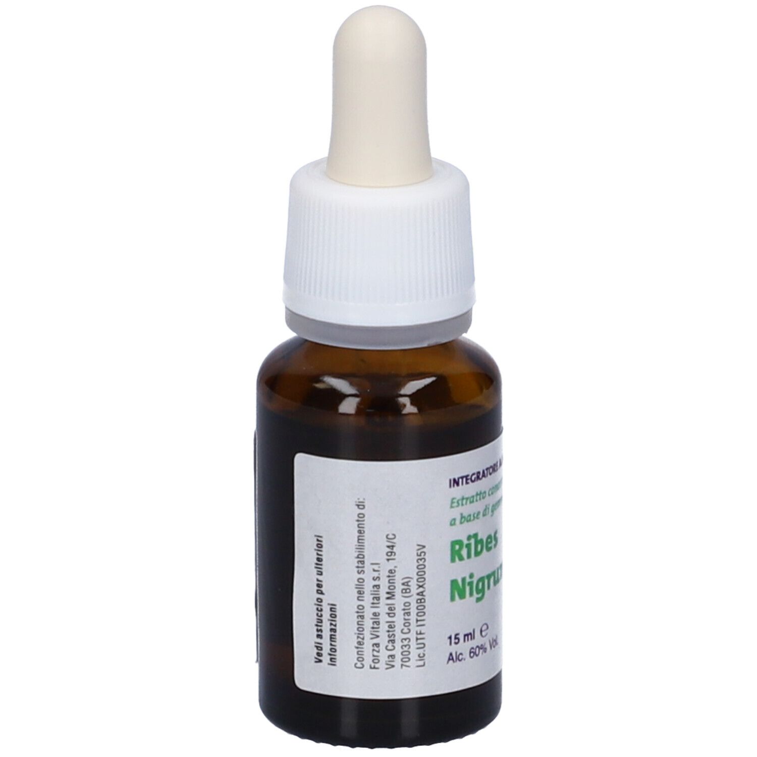 Flacone di vetro marrone con contagocce. Scritta: Ribes Nigrum. 15 ml. Alcool 60%.