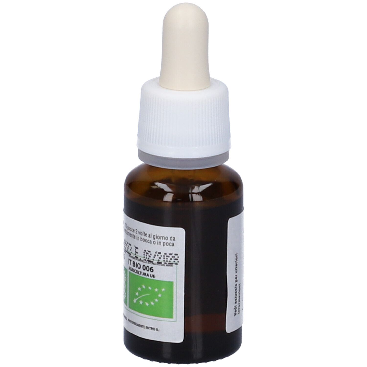 Flacone di vetro marrone con contagocce. Scritta: Ribes Nigrum. 15 ml. Alcool 60%.