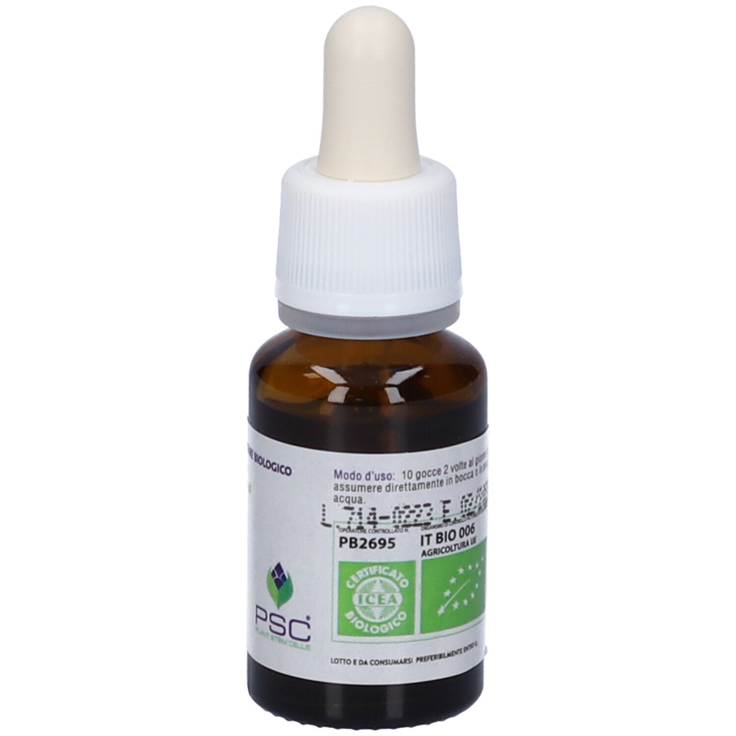 Flacone di vetro marrone con contagocce. Scritta: Ribes Nigrum. 15 ml. Alcool 60%.