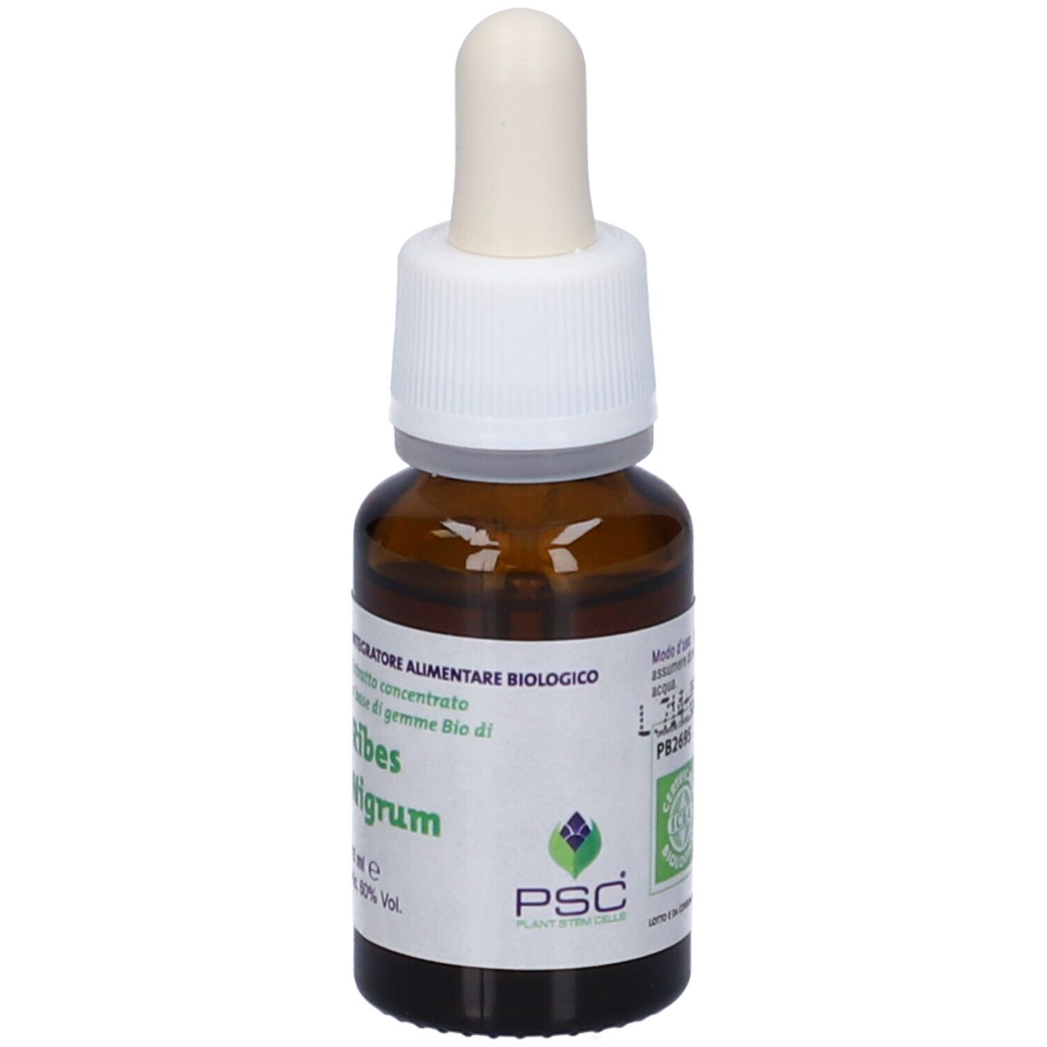 Flacone di vetro marrone con contagocce. Scritta: Ribes Nigrum. 15 ml. Alcool 60%.