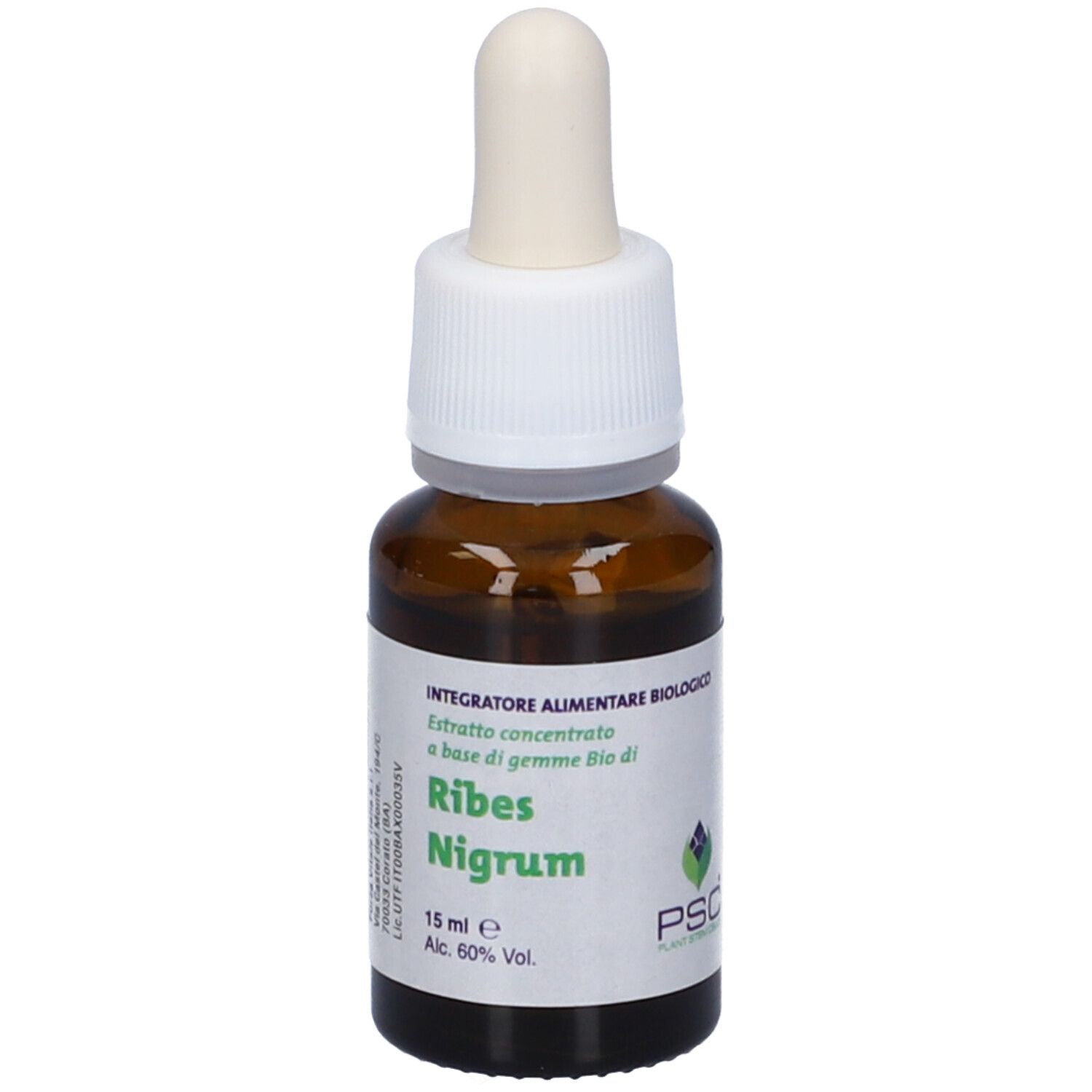 Flacone di vetro marrone con contagocce. Scritta: Ribes Nigrum. 15 ml. Alcool 60%.