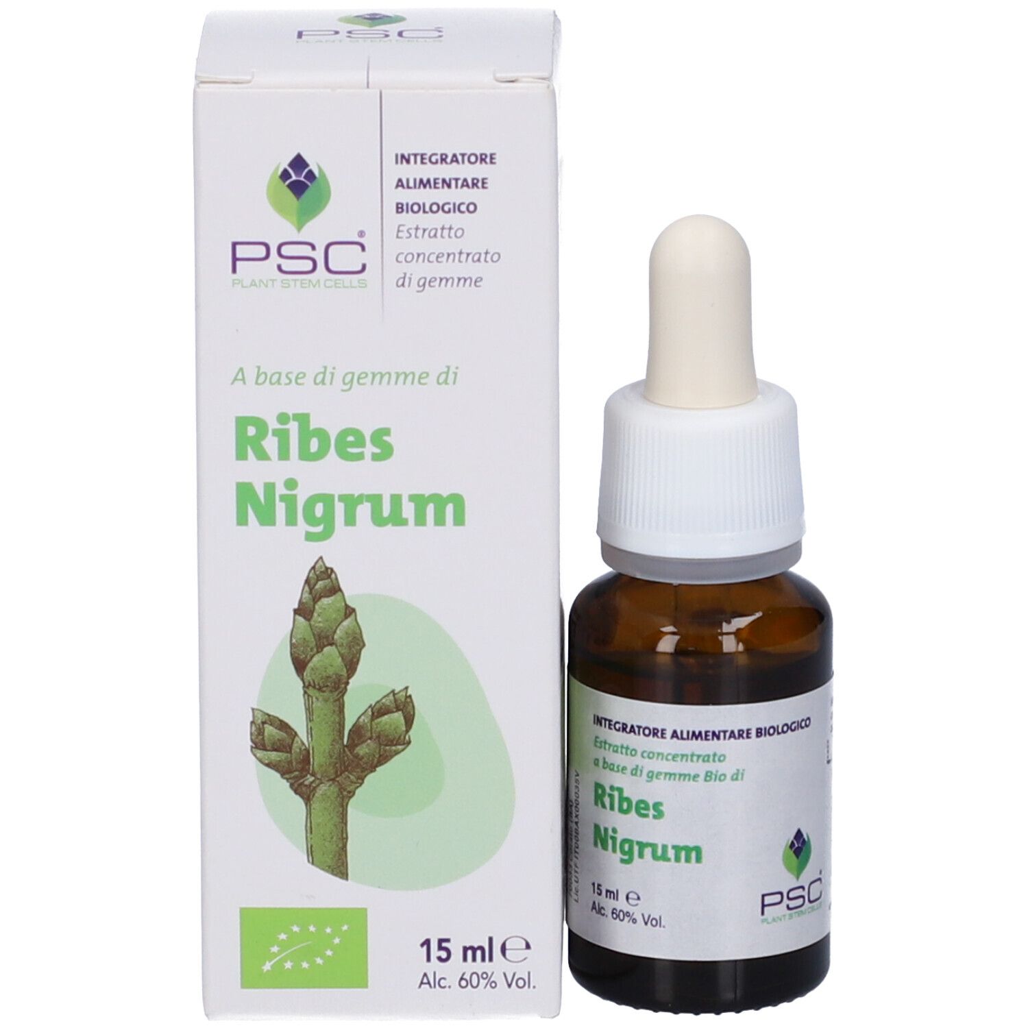 Flacone di vetro marrone con contagocce e scatola. Scritta: Ribes Nigrum. 15 ml. Certificazione bio.