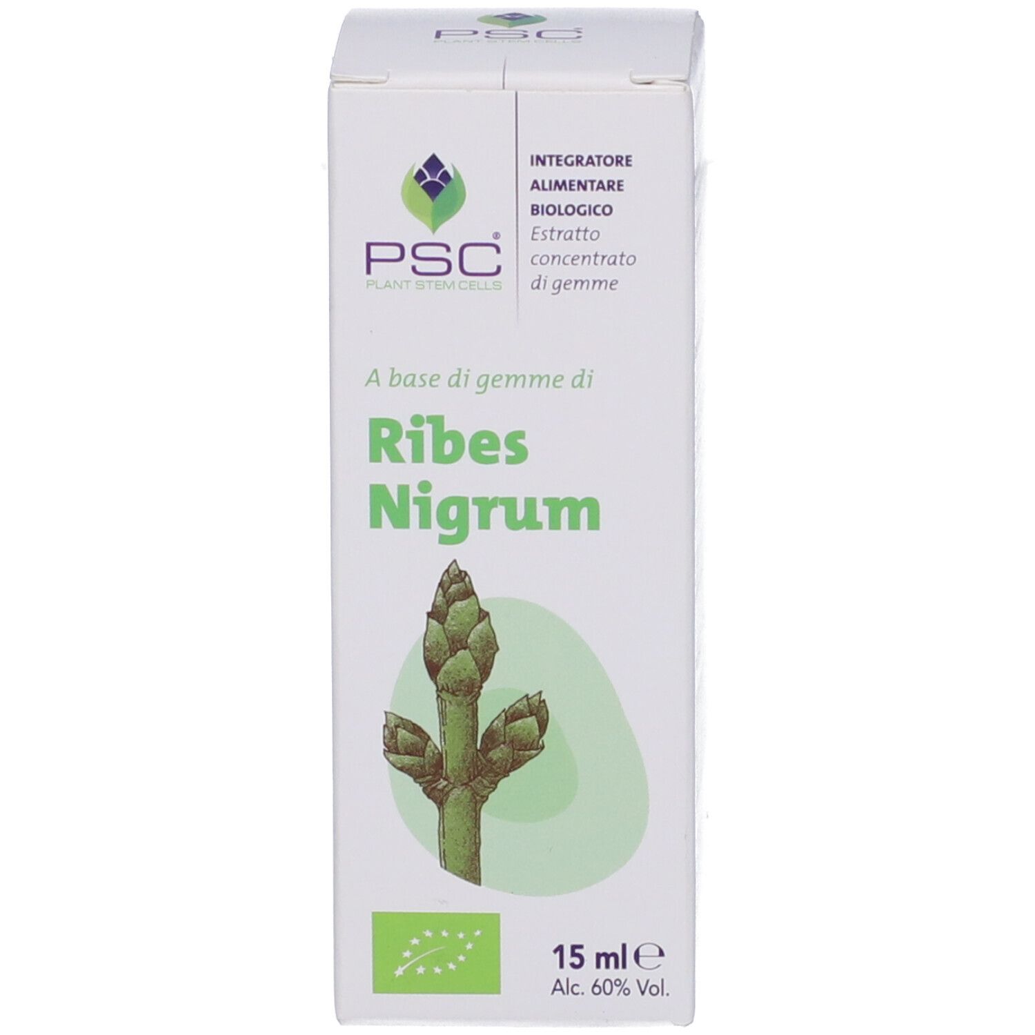 Scatola con scritta: Ribes Nigrum. 15 ml. Certificazione bio. Illustrazione di gemme.