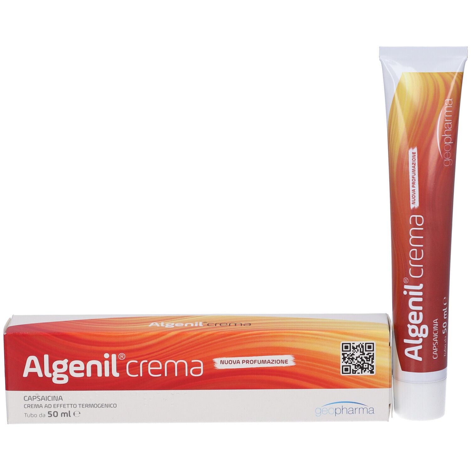 Tubo e scatola Algenil® Crema. Testo: Algenil Crema, 50 ml. Logo Geopharma. Nuova formulazione.