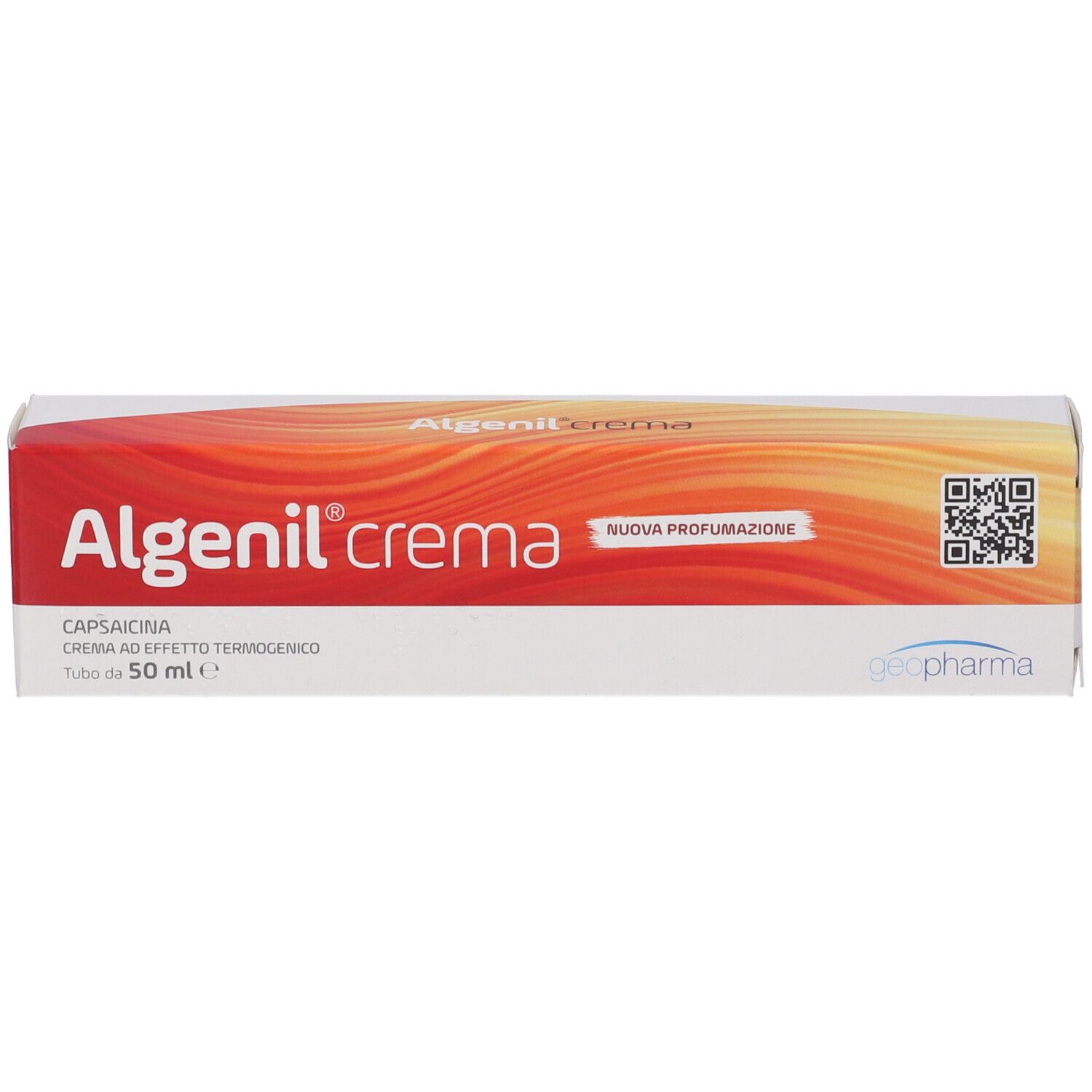 Scatola Algenil® Crema. Testo: Algenil Crema, Capsaicina, 50 ml. Logo Geopharma. Nuova formulazione.