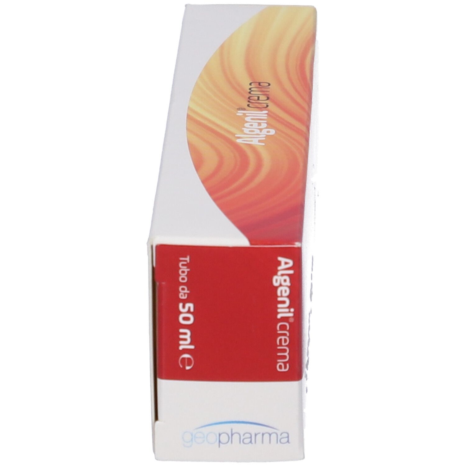 Scatola Algenil® Crema, in diagonale. Testo: Algenil Crema, 50 ml. Logo Geopharma.