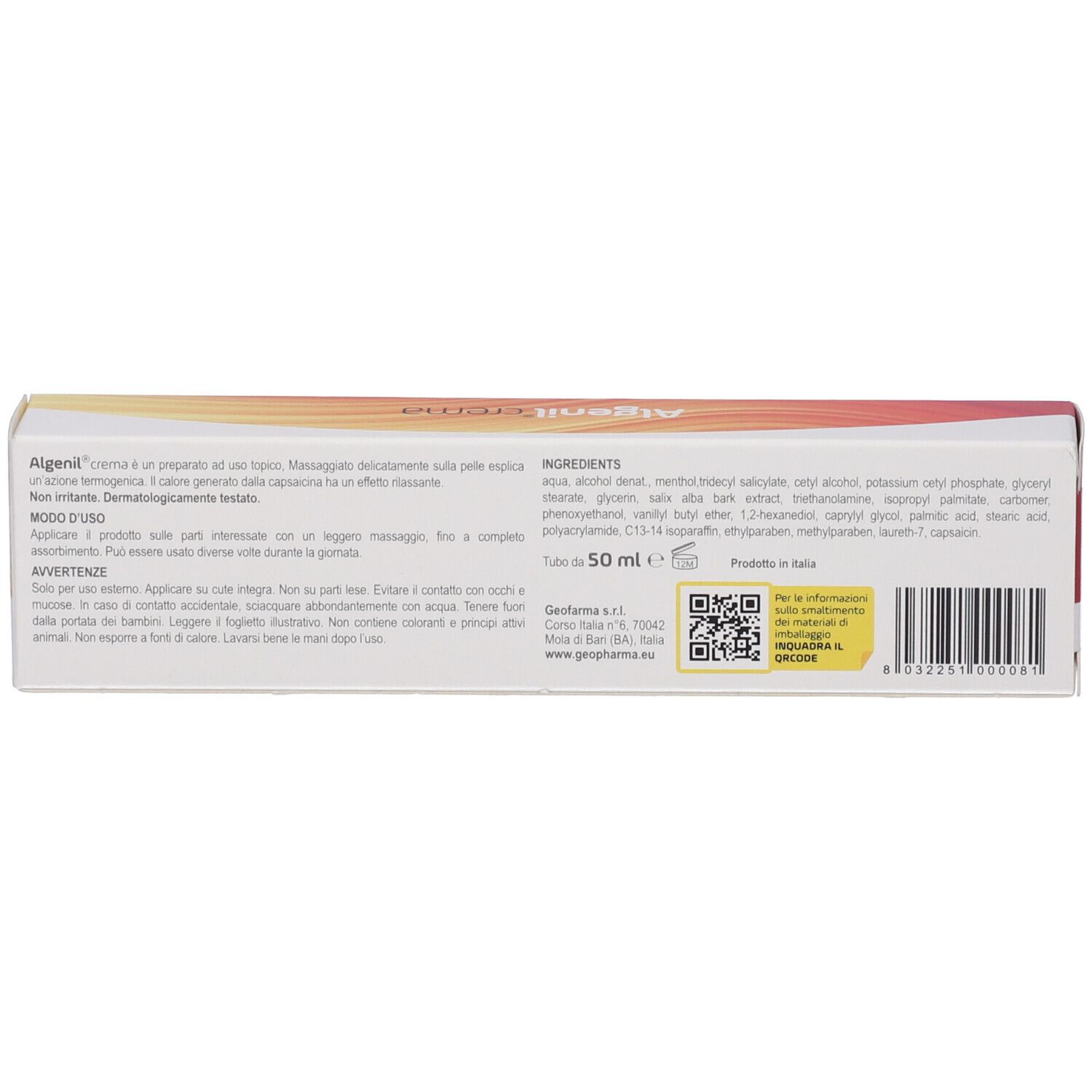 Retro della scatola Algenil® Crema. Testo: Ingredienti, modo d'uso, avvertenze. Logo Geopharma.