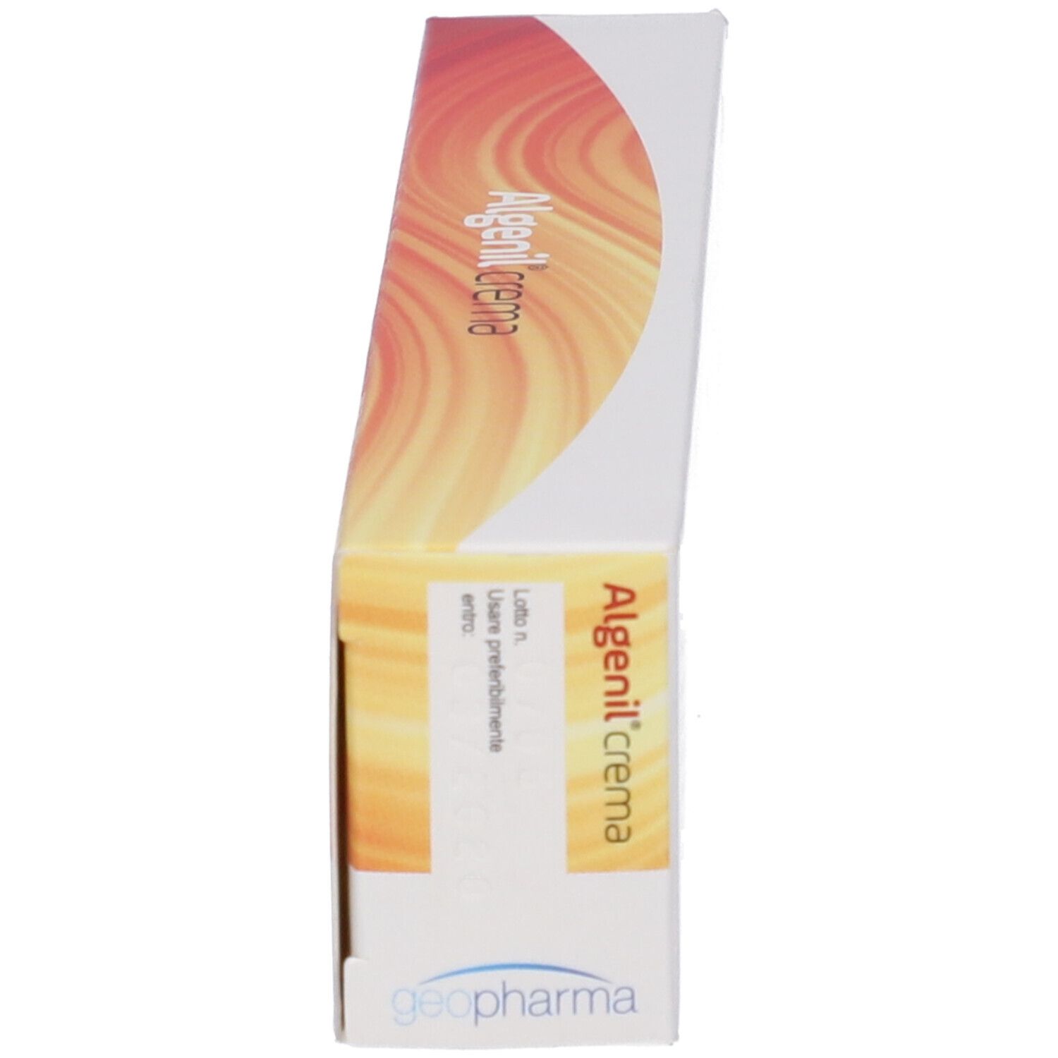 Scatola Algenil® Crema, in diagonale. Testo: Algenil Crema, 50 ml. Logo Geopharma.