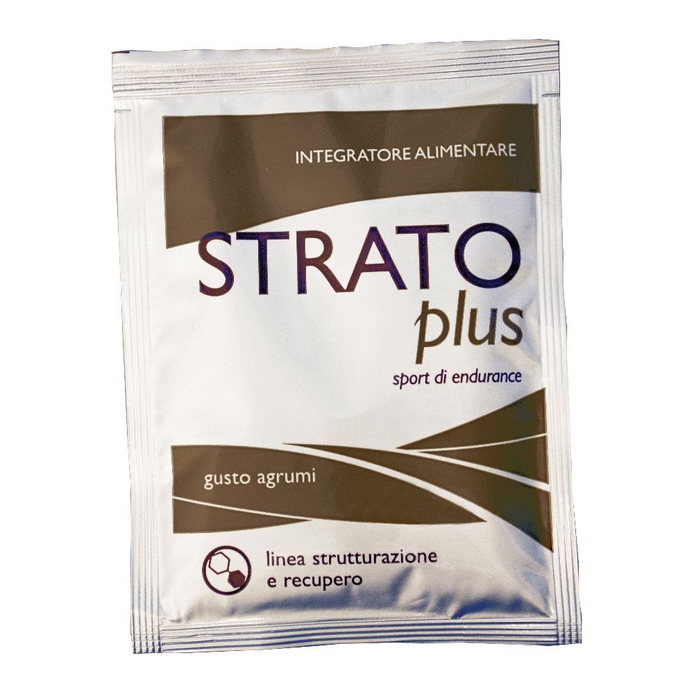 Bustina bianca singola. Scritta: STRATO plus, Gusto agrumi, linea strutturazione e recupero.