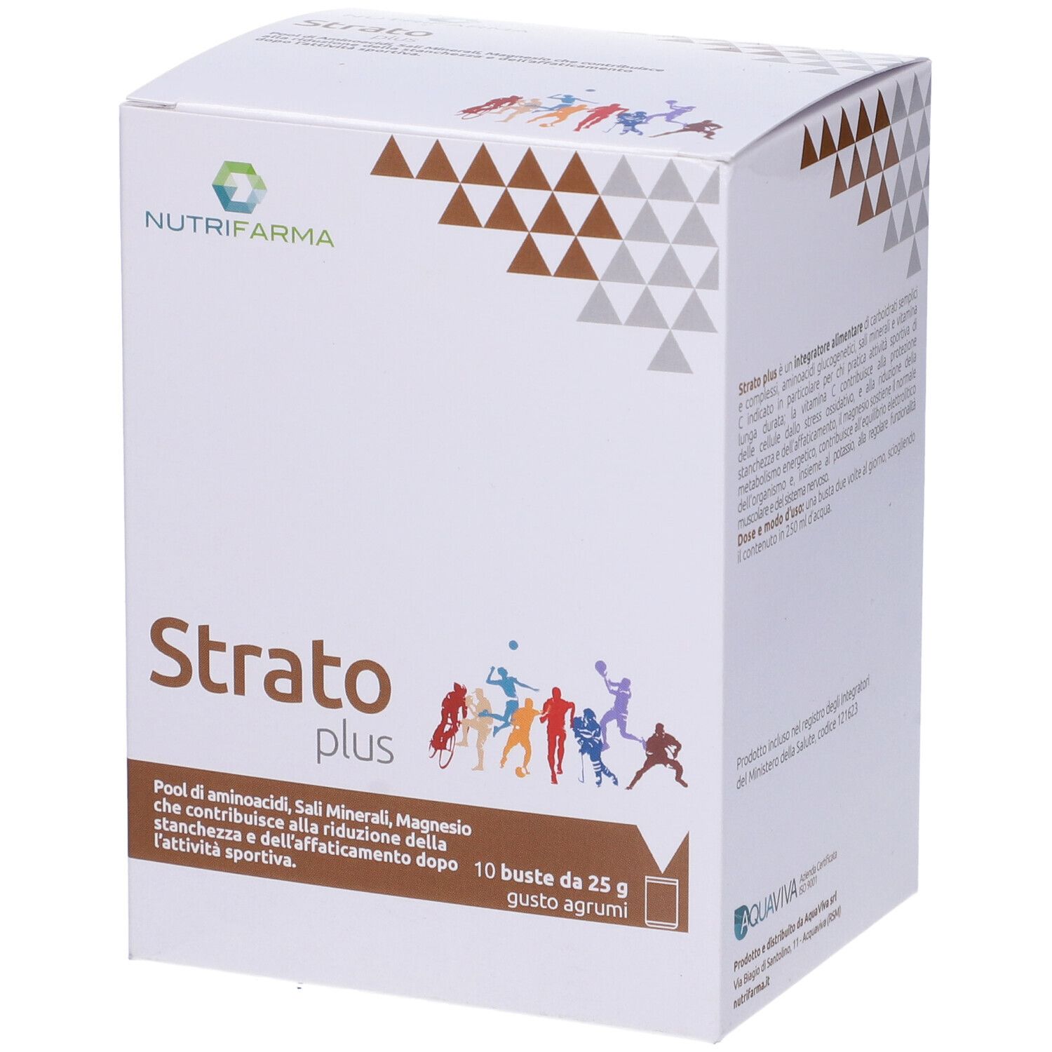 Scatola bianca con scritta: STRATO plus, logo Nutrifarma, 10 bustine, illustrazione sportiva.