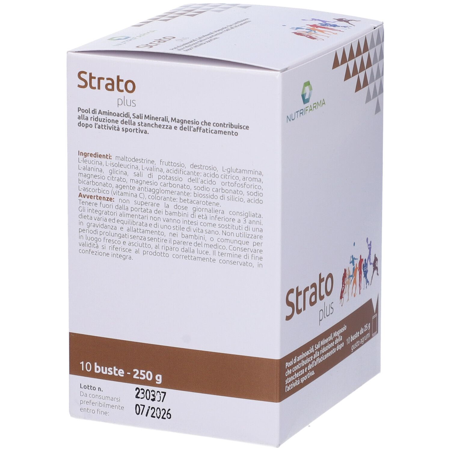 Scatola bianca con scritta: STRATO plus, 10 bustine, lista ingredienti, data di scadenza.